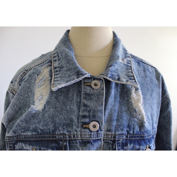 Highway NWT Destroyed Denim Jean Jacket XL Distressed Frayed Fringe - Picture 3 of 11